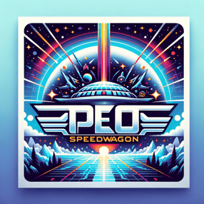 DALL·E 2024-01-05 16.47.06 - A clean and modern logo design for a podcast titled PEO Speedwagon, inspired by Journeys album covers. The logo should include futuristic fonts and